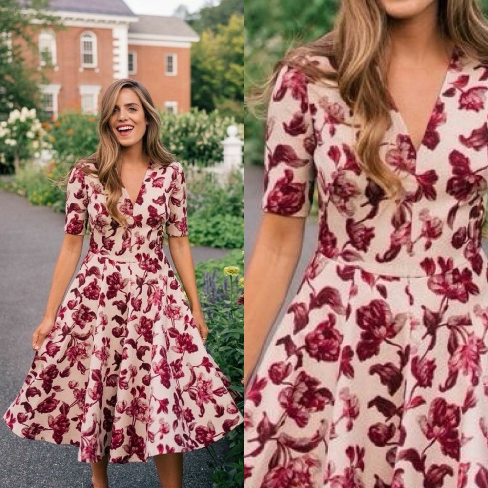 Gal Meets Glam Women’s Edith Floral Print A-Line Midi Cream Maroon  Dress Sz 4